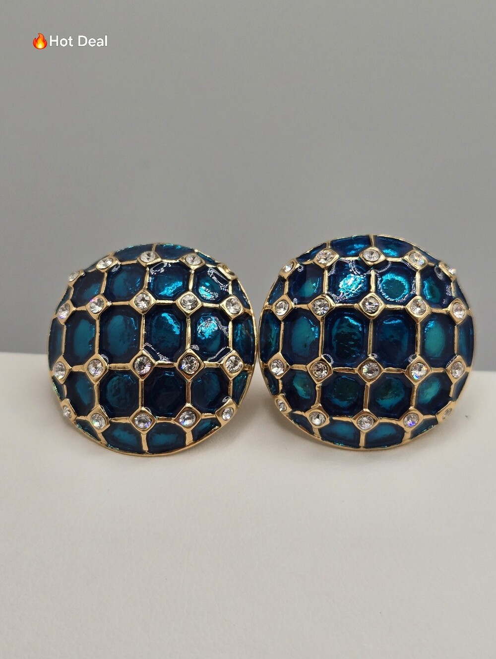 Butler Blue Enamel Rhinestone Dome Clip-On Earrings Gold Tone 1" Vintage FAC